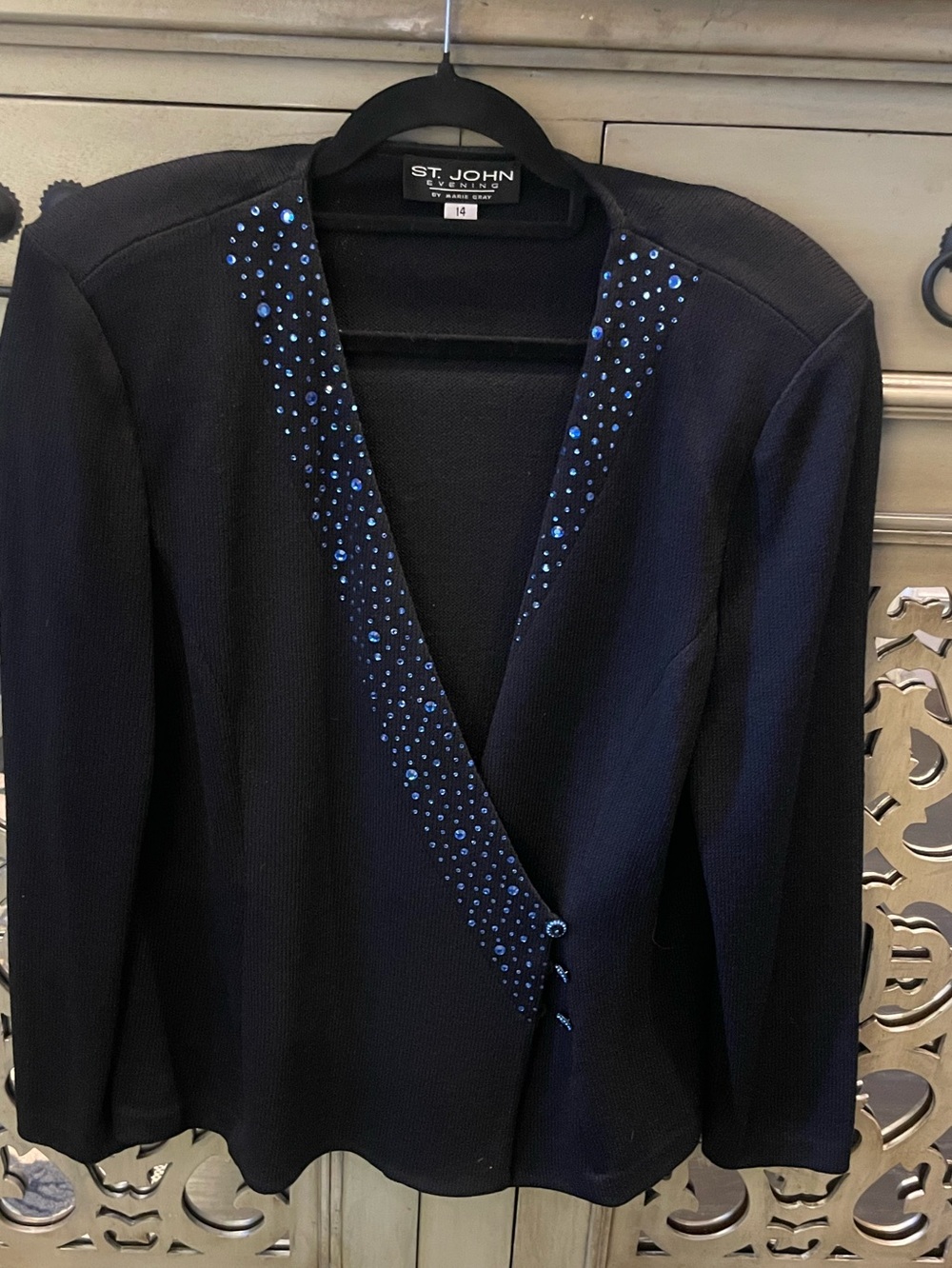 St. John Black Knit Blazer with Blue Crystal Trim